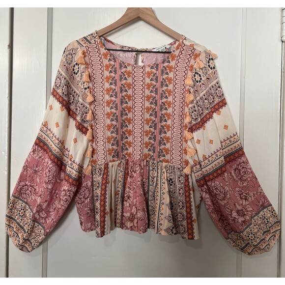 American Eagle Boho Tassel Embroidered Floral Peasant Top - Women's S - Picture 1 of 11